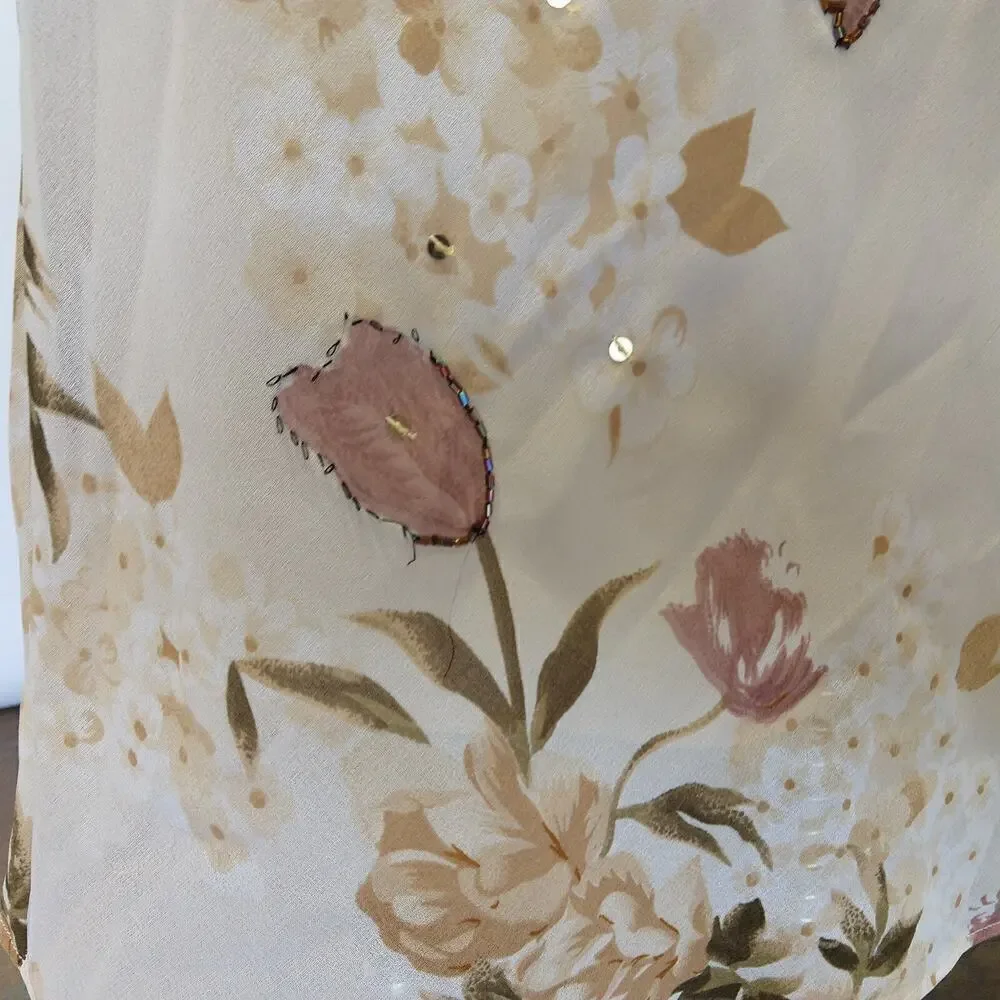 Vintage Y2K Floral Print Bias Cut Maxi Dress Size M Flutter Sleeve Ivory V Neck